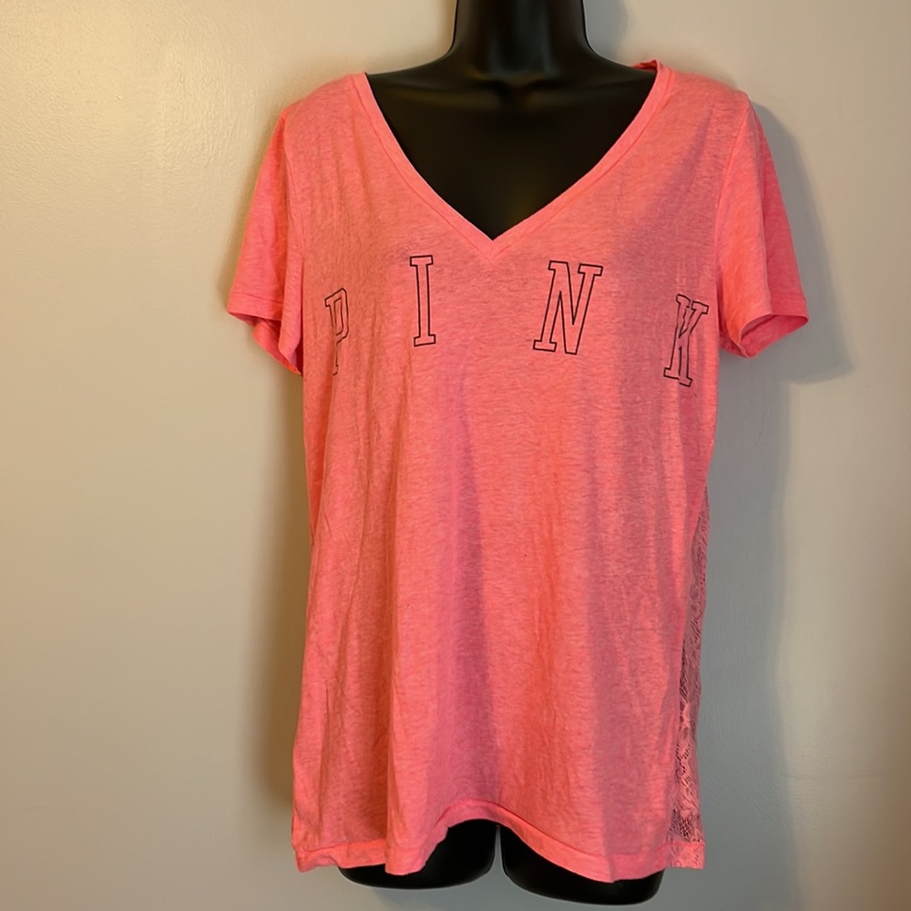 PINK Victoria’s Secret Hot Pink Lace Back Burnout T-shirt size L